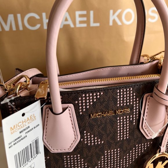 MICHAEL KORS Mercer Medium Pebbled Leather Crossbody Bag Brown/Pink Perforated - Picture 2 of 16